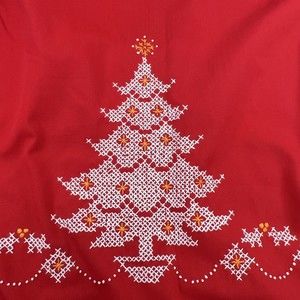Large Red Oval Christmas Tree Tablecloth Cotton Hand Cross Stitched